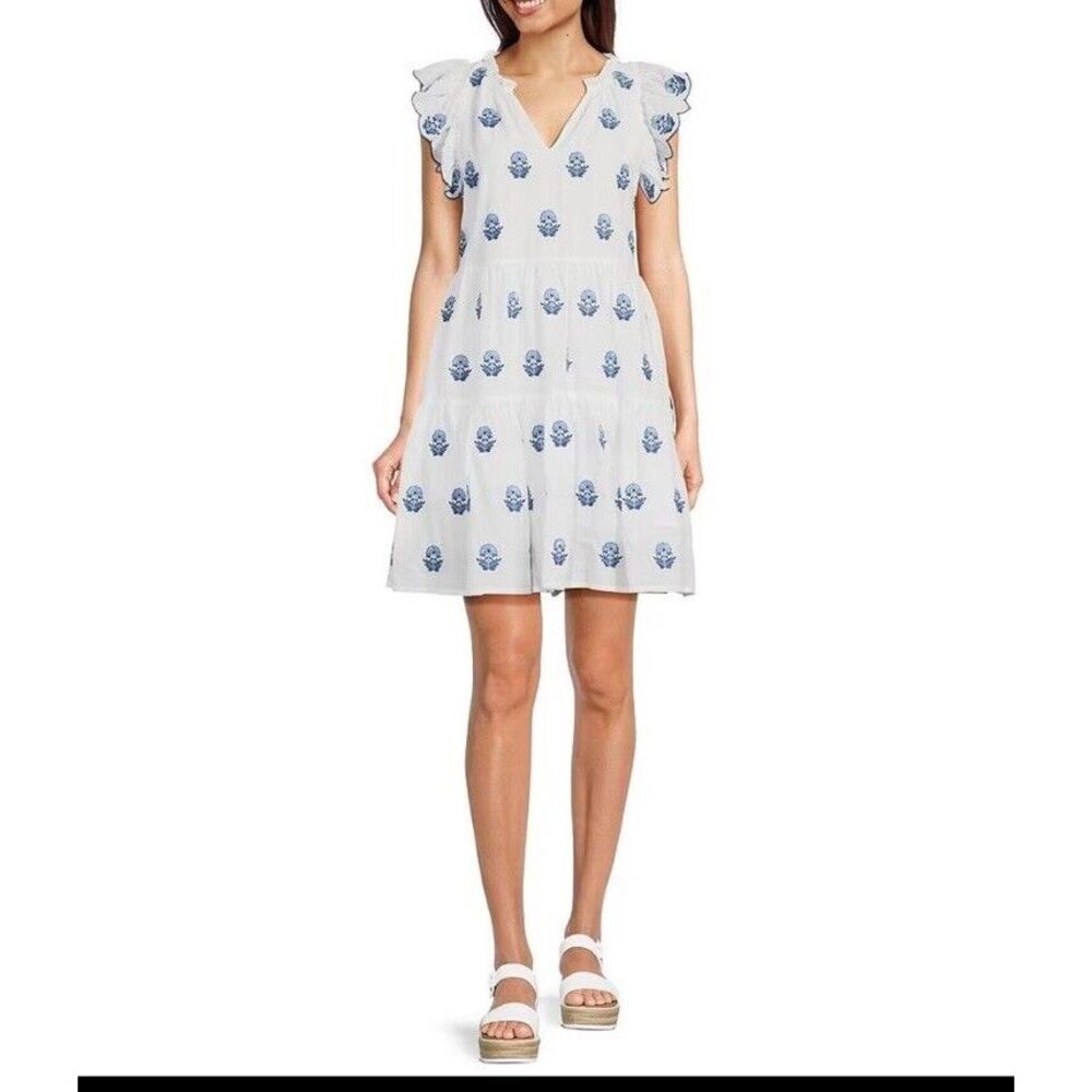 A Loves A Boho Blue White Cotton Floral Embroidered Tiered Mini Dress Small